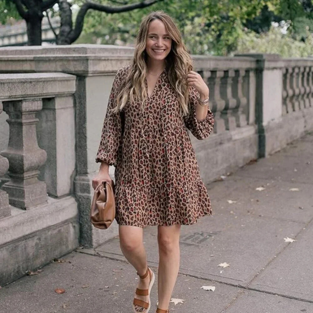 Grace Atwood x Amazon The Drop Leopard Print  Long Sleeve Mini Dress Size Small